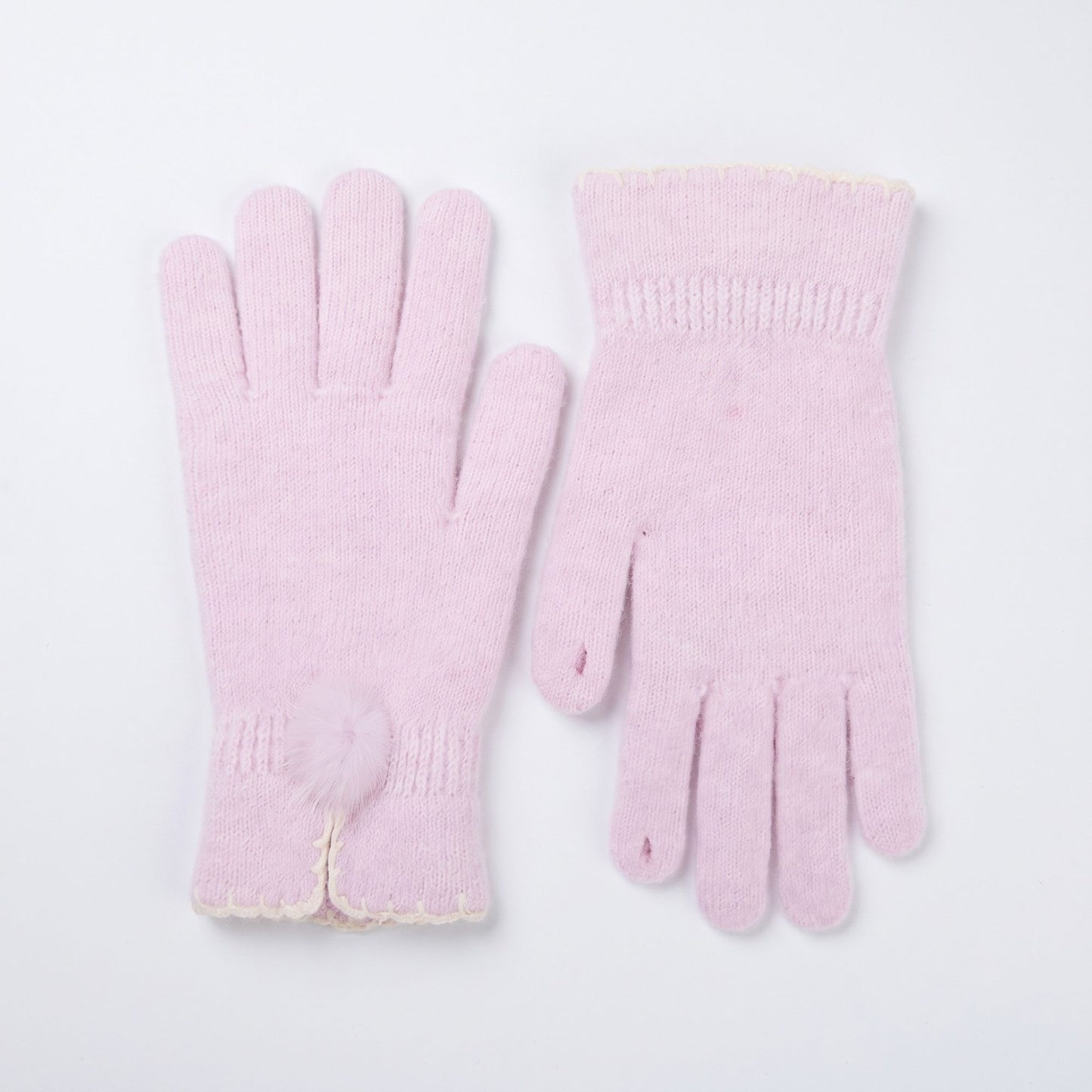Pom Pom Knit Full Finger Gloves with Scalloped Cuff