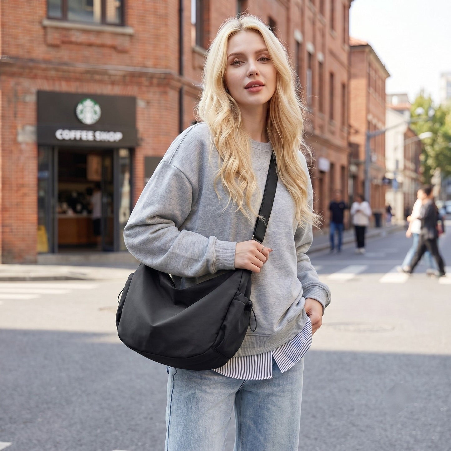 Crescent Crossbody Shoulder Bag with Side Pockets and Adjustable Strap