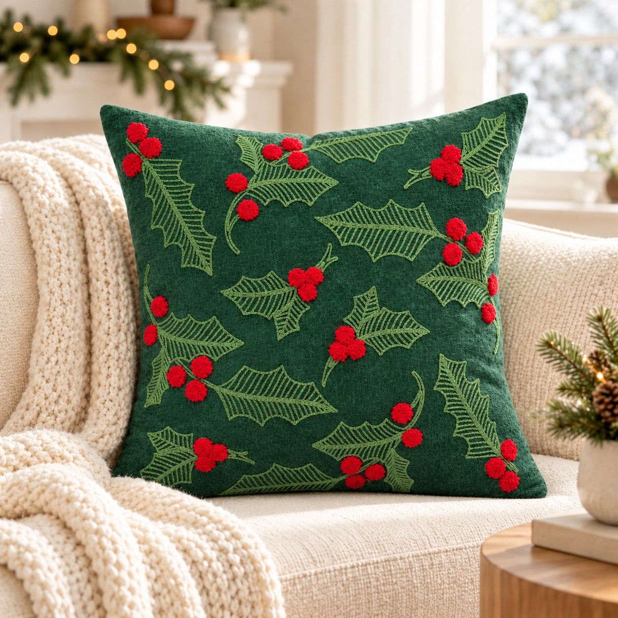 Christmas Embroidered Throw Pillow Cover 18 x 18 Inch Holiday Home Decor