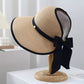 Women Straw Sun Visor Hat Wide Brim Bow Ribbon Contrast Trim Adjustable Summer Hat