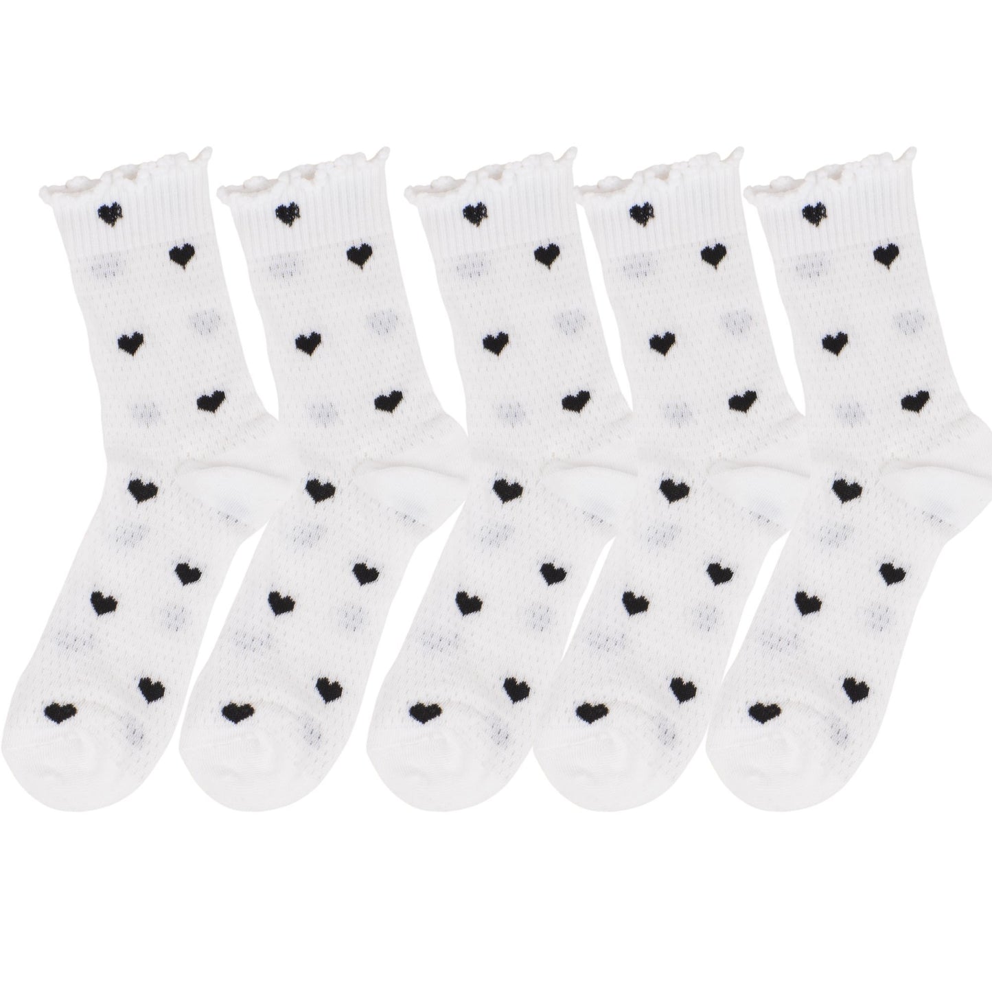 5-Pair Set Frilly Crew Socks with Valentine Heart Pattern and Ruffle Trim Breathable Knit Design for Flats or Loafers