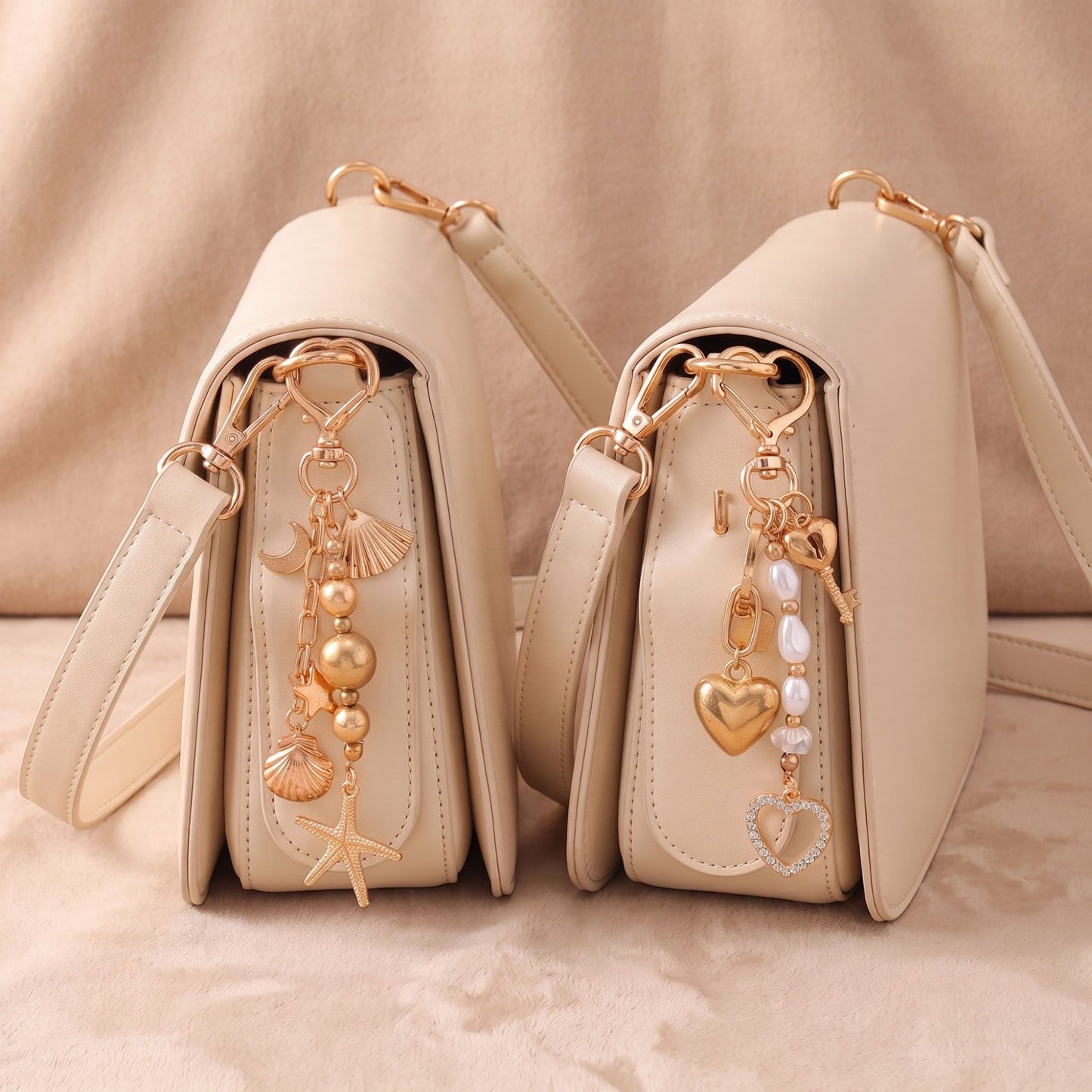 Gold-Tone Ocean & Heart Multi-Charm Bag Charm Key Chain Set 2 Pair