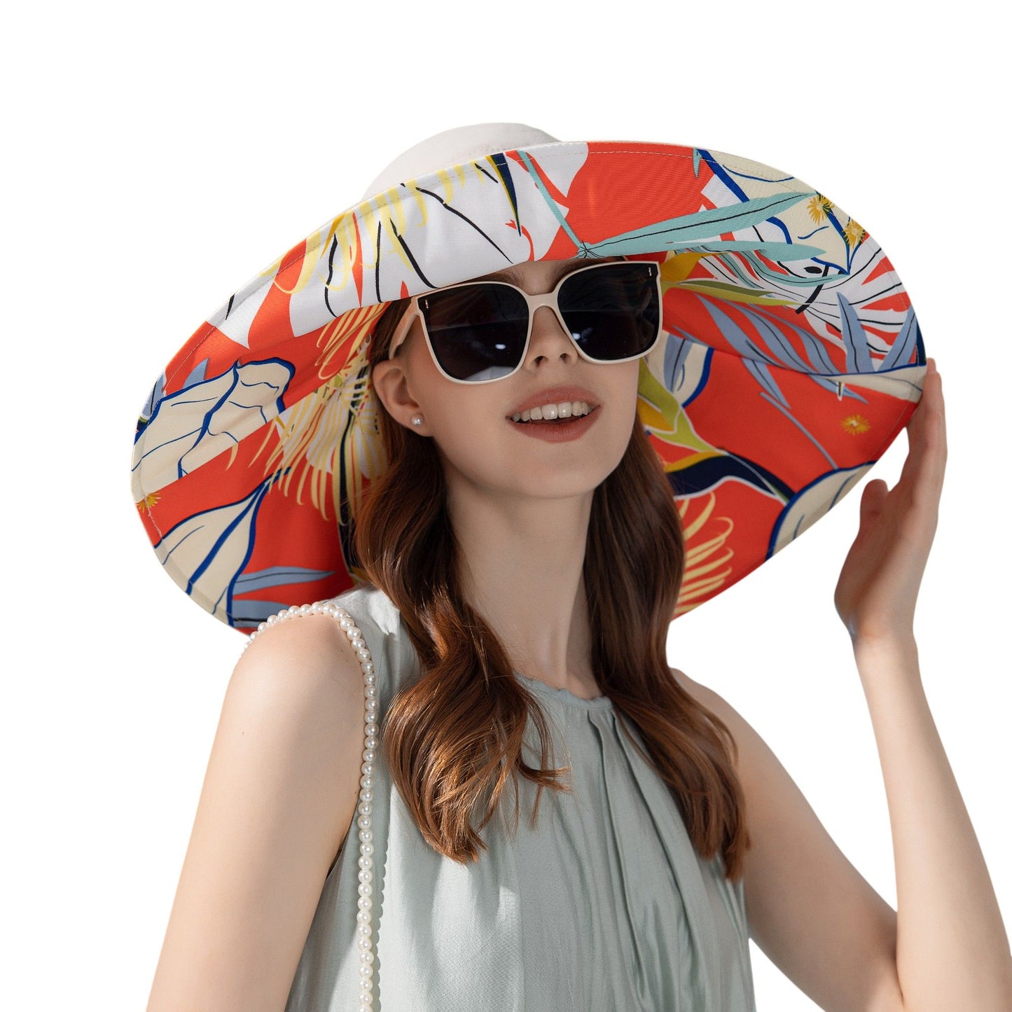 Wide Brim Floppy Sun Hat with Colorful Printed Underside UV Protection Lightweight Foldable Design for Outdoor Use