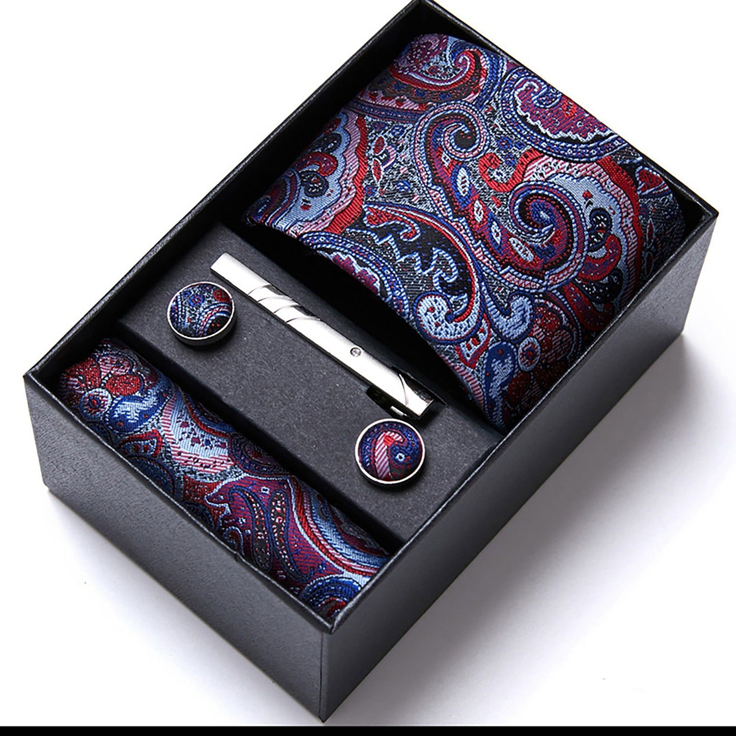 Men's Paisley Pattern Tie Gift Set with Matching Pocket Square Cufflinks and Silver Tie Clip
