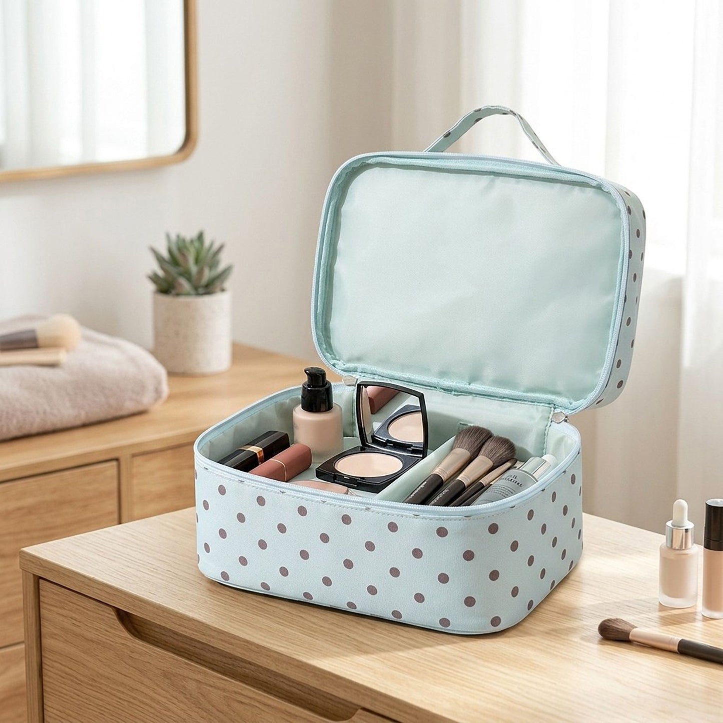 Polka Dot Travel Makeup Case with Dividers and Mirror