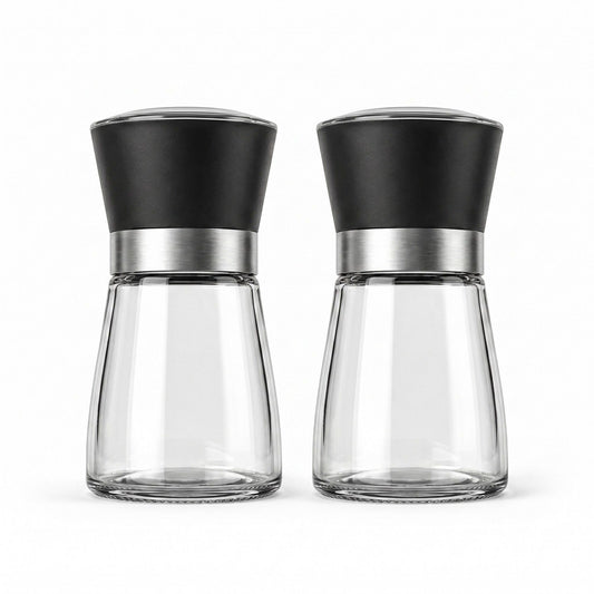 2-Piece Glass Salt and Pepper Grinder Set with Stainless Steel Accent