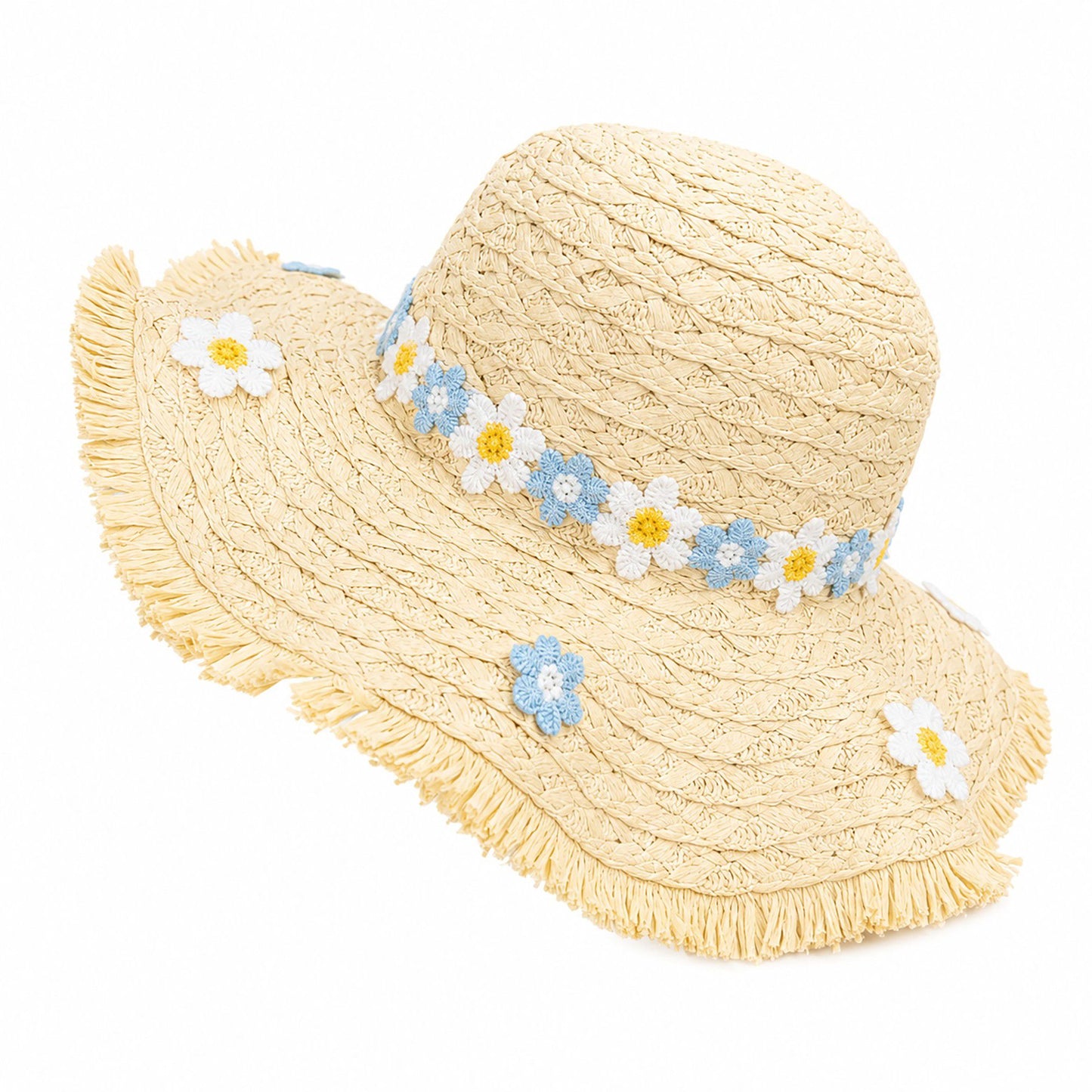 Braided Straw Sun Hat with Floral Applique Trim and Fringe Brim Design