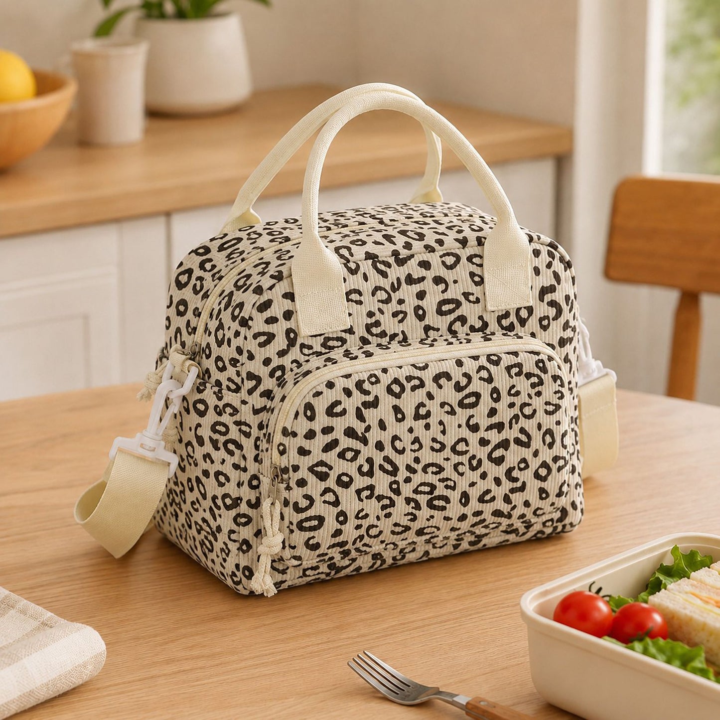 Printed Corduroy Lunch Bag with Adjustable Shoulder Strap