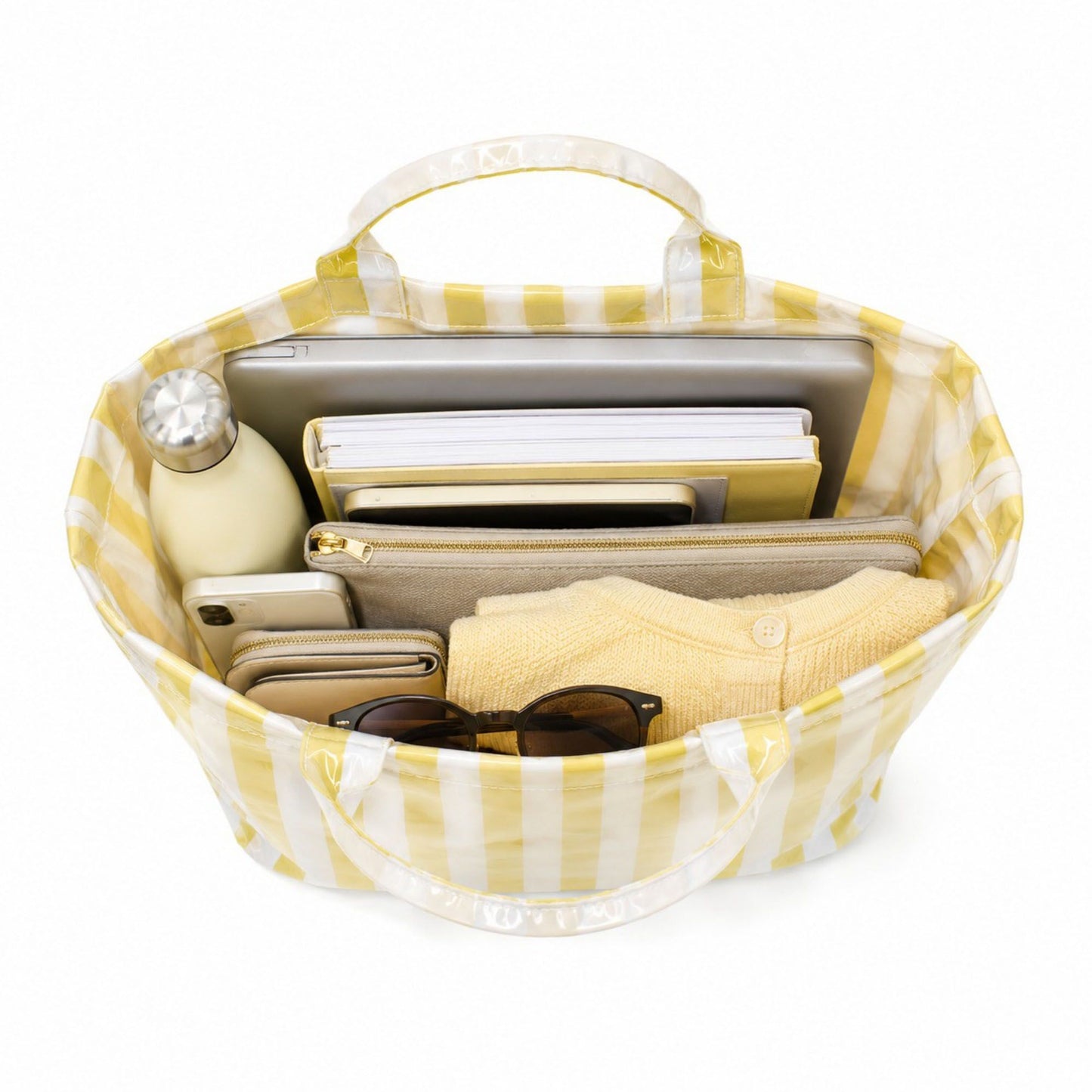 Striped Tote Bag Glossy Coated Large Capacity Shoulder Bag for Travel and Beach
