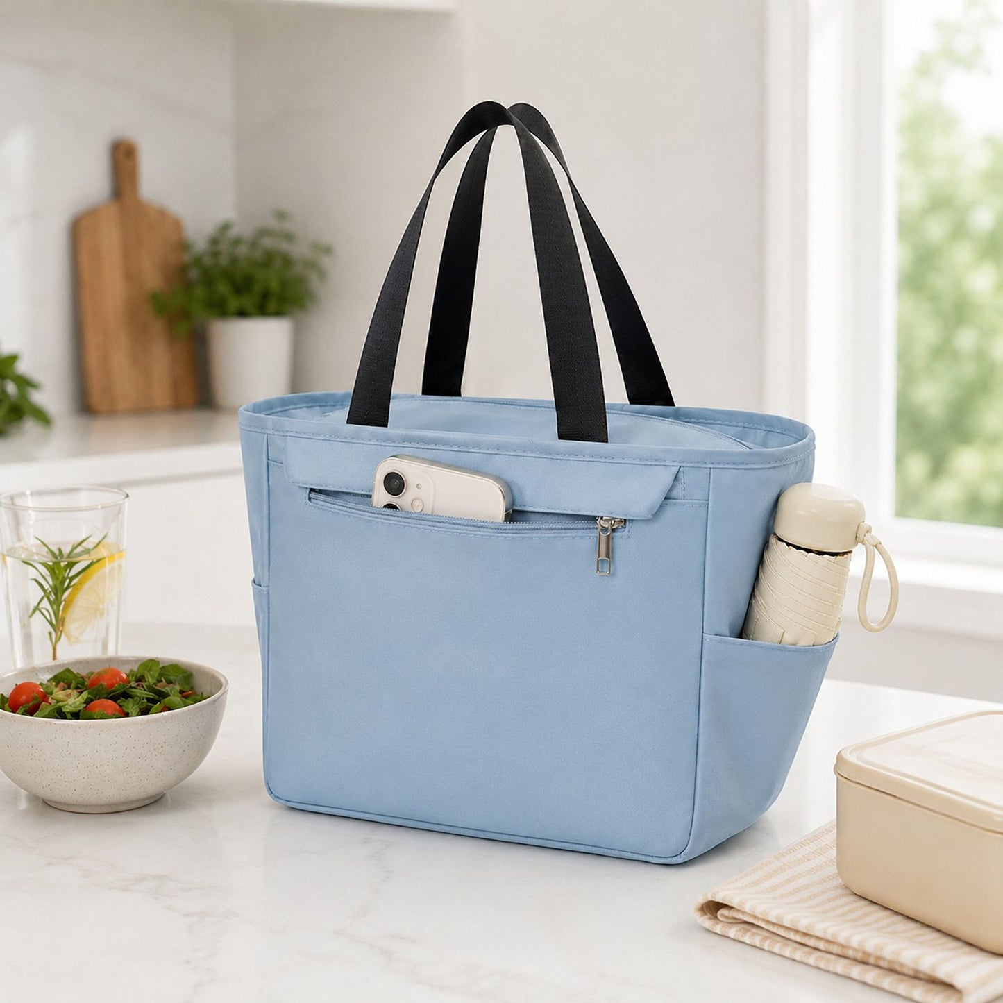 Insulated Tote Lunch Bag with Zipper Pockets and Long Handles