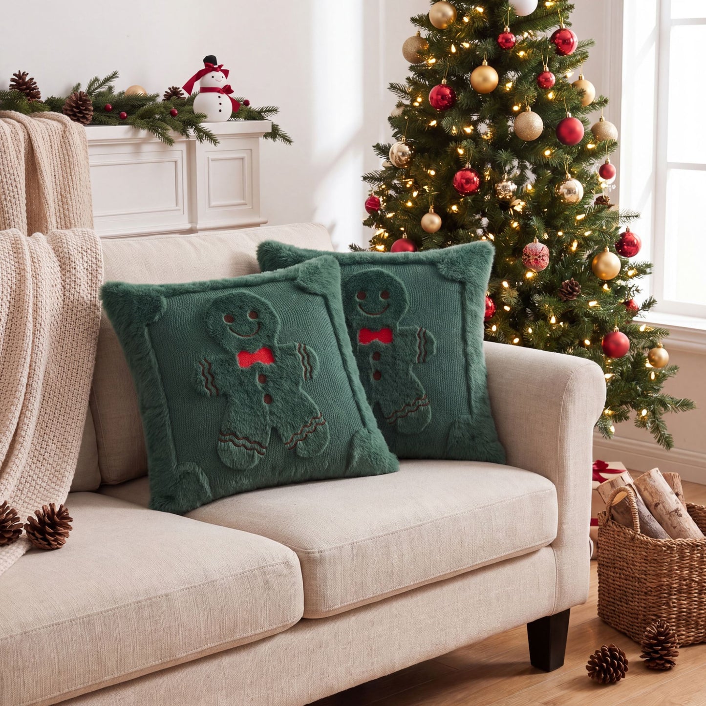 Christmas Gingerbread Throw Pillow Cover Plush Decorative Cushion Cover for Sofa Bed