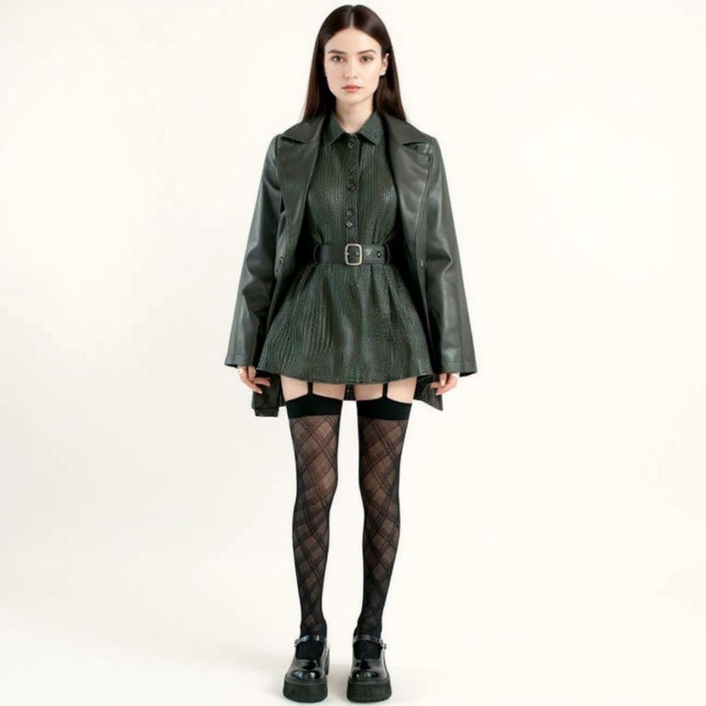 Sheer Plaid Pattern Thigh High Tights with Elastic Band Top and Garter Style Detail