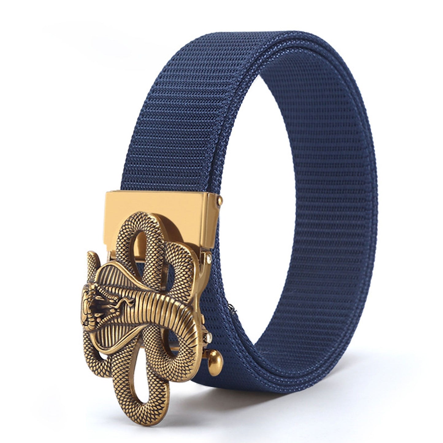 Nylon Belt with Gold Cobra Buckle - Bold Statement Buckle Belt for Edgy Casual & Stylish Outfits
