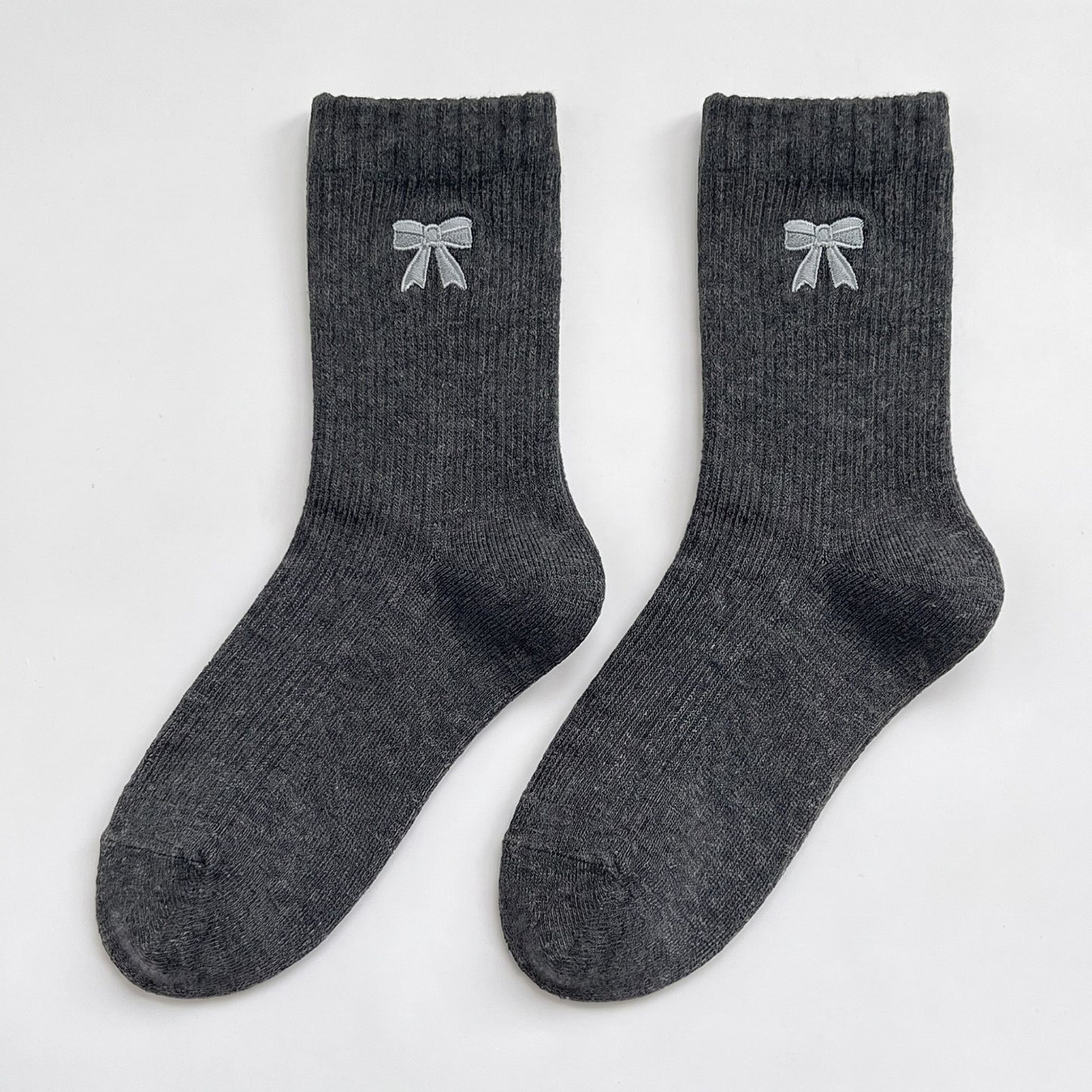3-Pair Bow Embroidered Crew Socks Set, Ribbed Knit Casual Hosiery