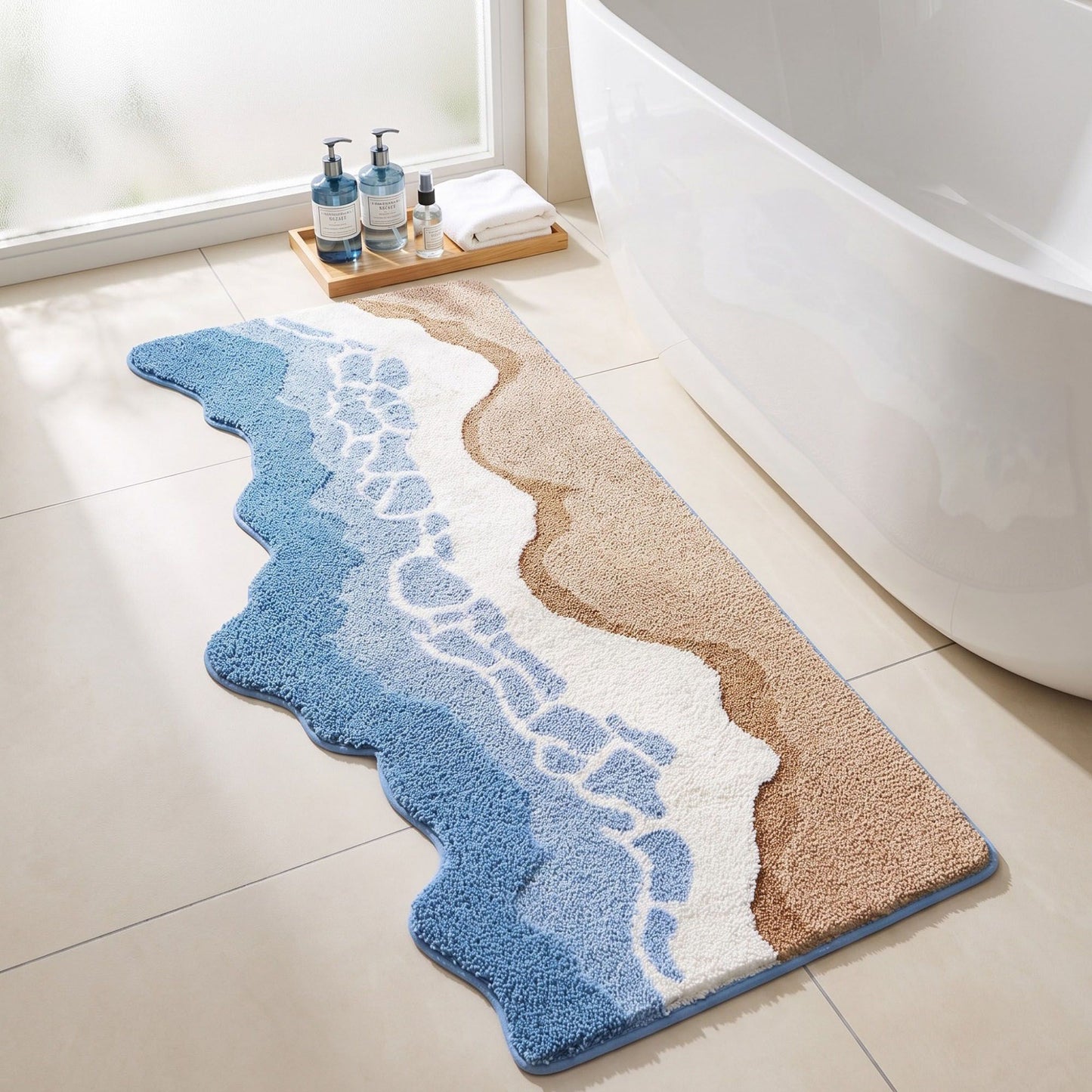 Abstract Ocean Wave Plush Bathroom Mat with Irregular Scalloped Edge