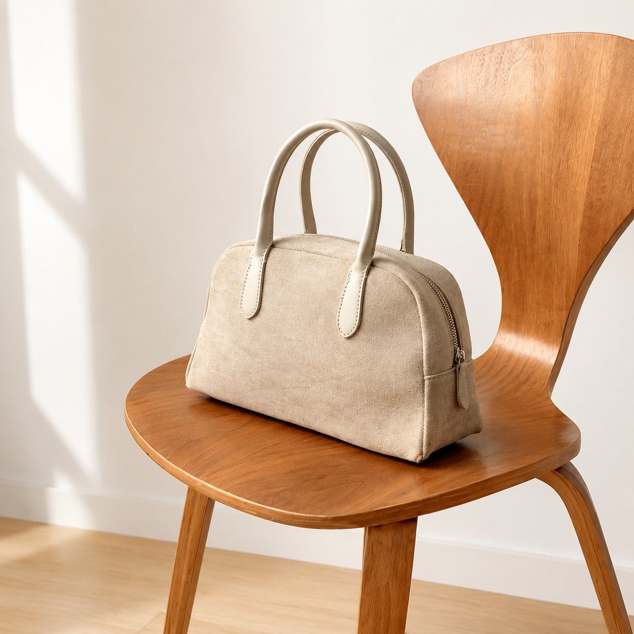 Faux Suede Satchel Bag with Double Handles Zip Closure and Interior Pockets