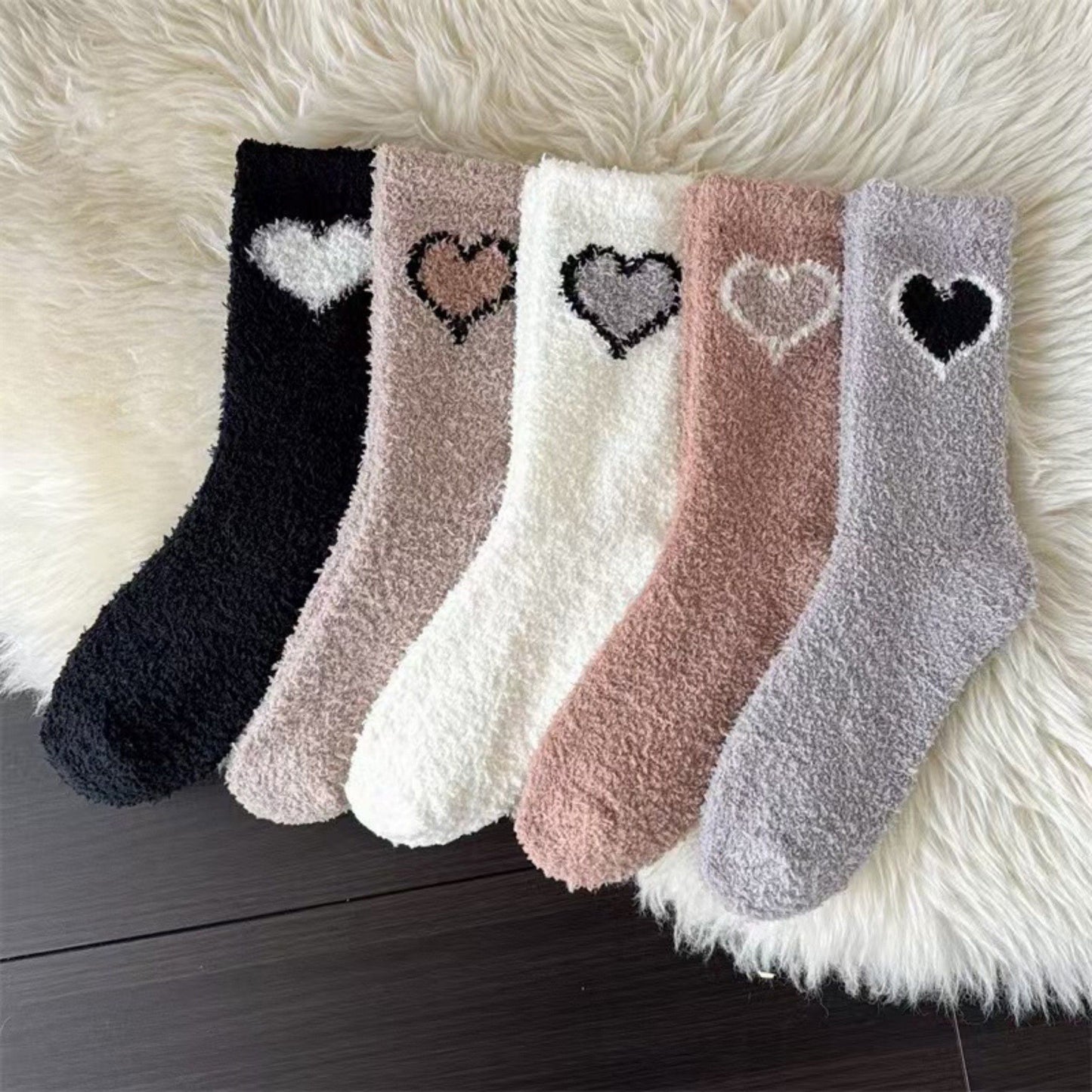 3-Pair Fuzzy Valentine Heart Knit Crew Socks Set with Soft Plush Texture, Stretchy Cozy Fabric, and Cute Heart Accent for Gifting