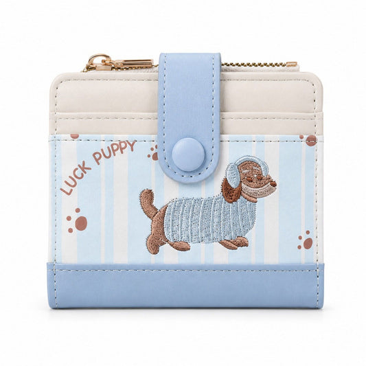 Compact Dachshund Print Bifold Wallet with Zipper Coin Pocket, Card Slots, Snap Closure and Bone Charm