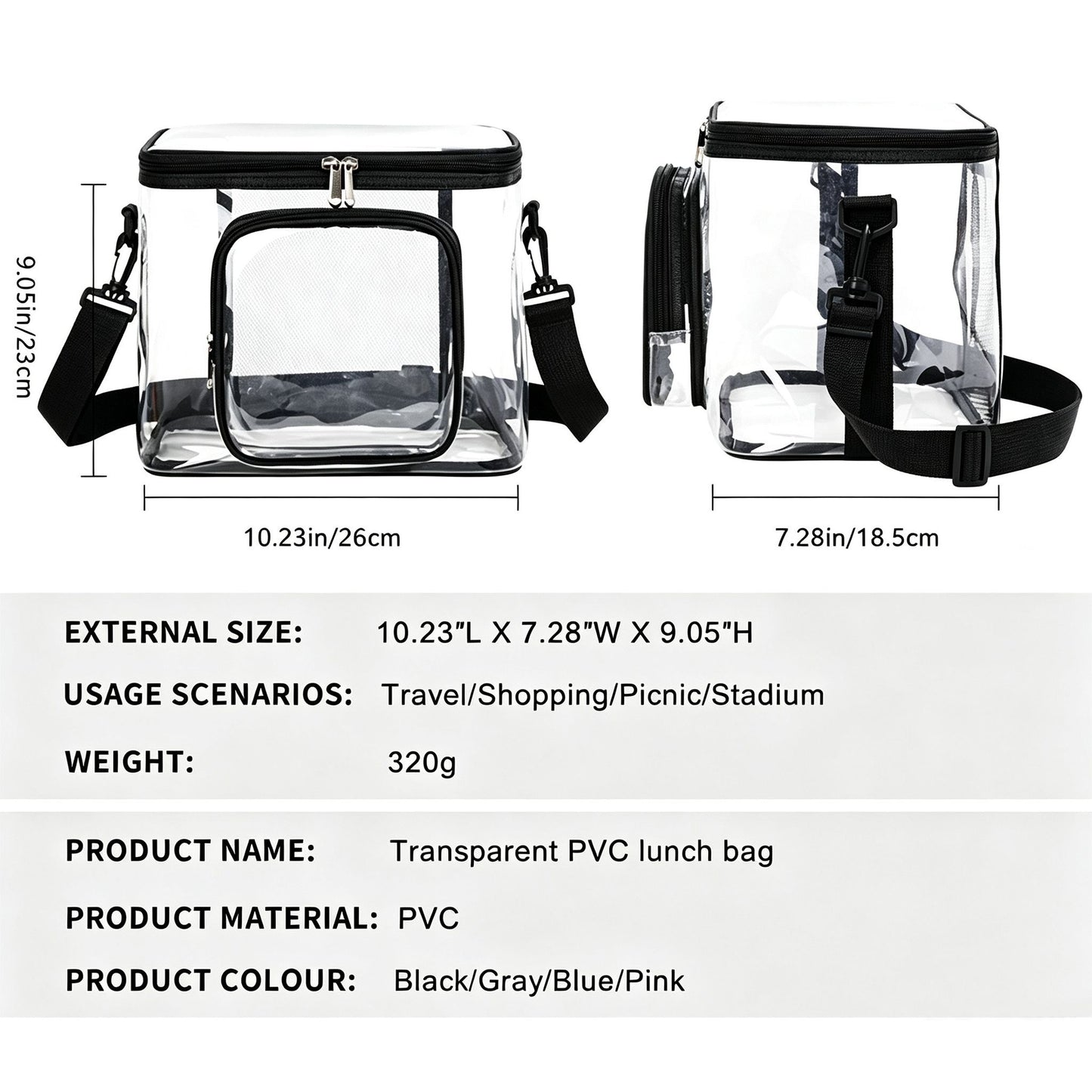 Clear PVC Lunch Tote Bag with Front Zipper Pocket, Top Handle and Removable Shoulder Strap