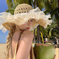 Crochet Sun Hat with Sheer Ruffle Wide Brim and Pearl Trim Detail