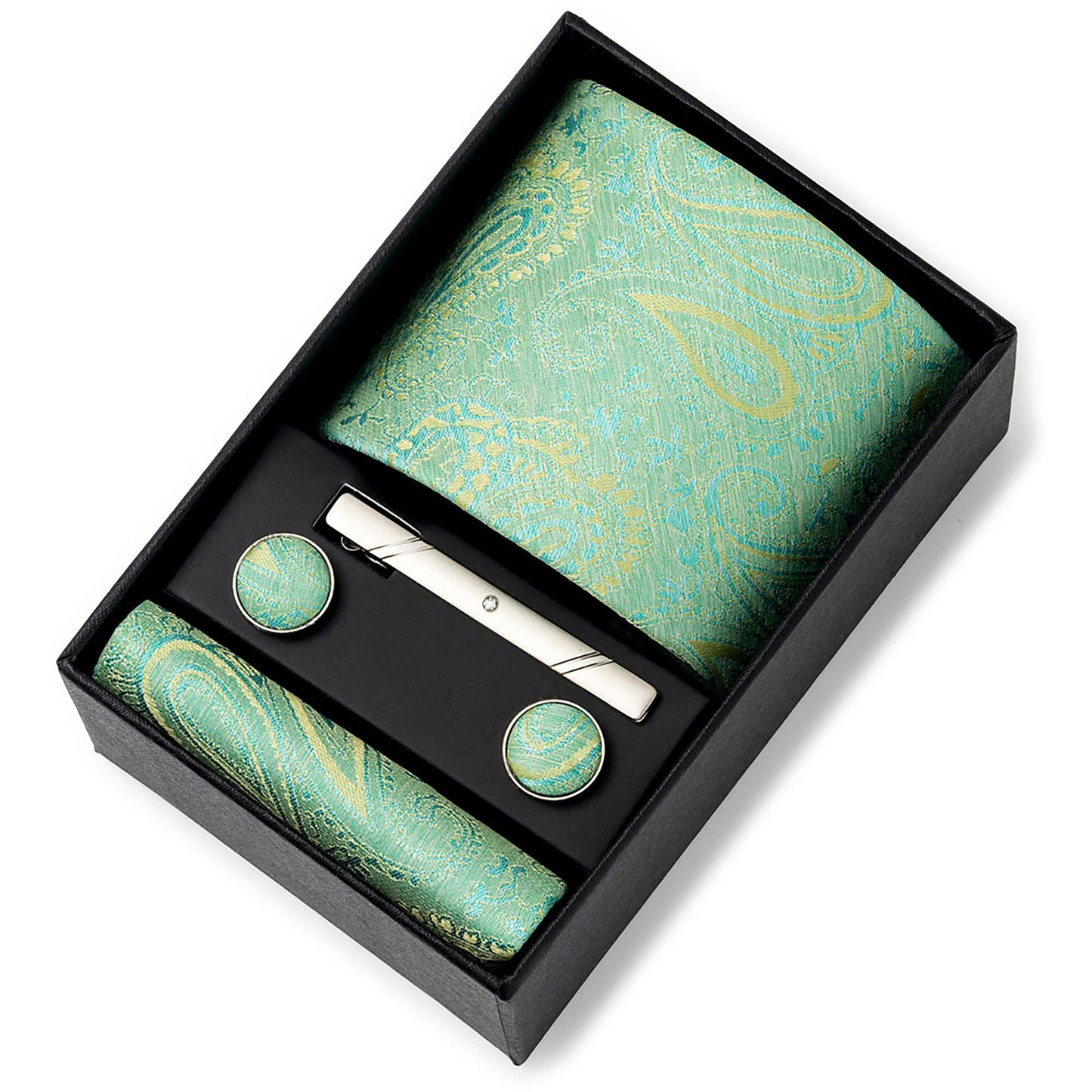 Men's Baroque Floral Tie Gift Set with Matching Pocket Square Cufflinks and Silver Tie Clip