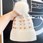 Knit Beanie with Large Faux Fur Pom-Pom - Winter Hat with Embroidered Accents