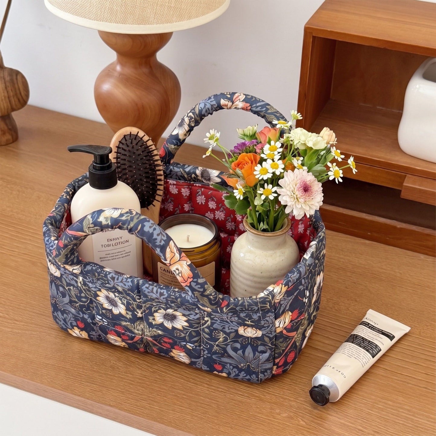 Floral Print Quilted Organizer Tote Bag with Multiple Pockets and Carry Handles