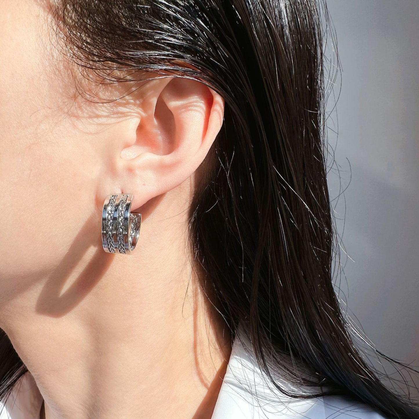 Women's Chain-Textured C-Hoop Earrings with 925 Silver Needles
