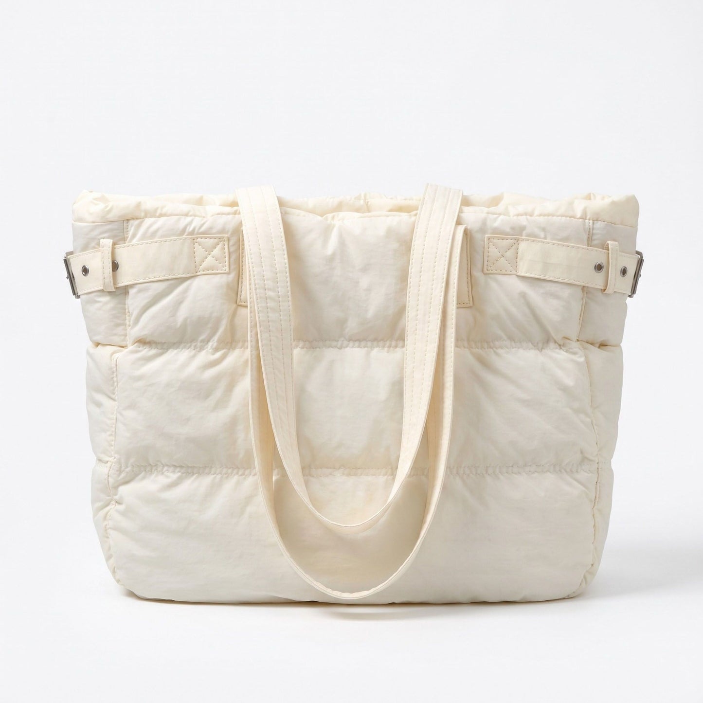 Oversized Puffer Tote Bag with Long Shoulder Straps and Side Buckle Details 13.5x14x4.5in