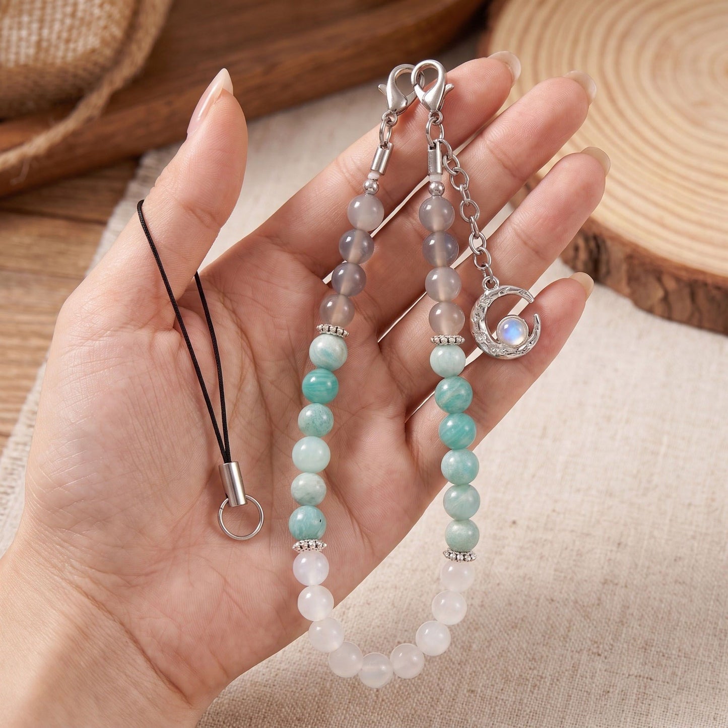Beaded Phone Wrist Strap with Crescent Moon Charm