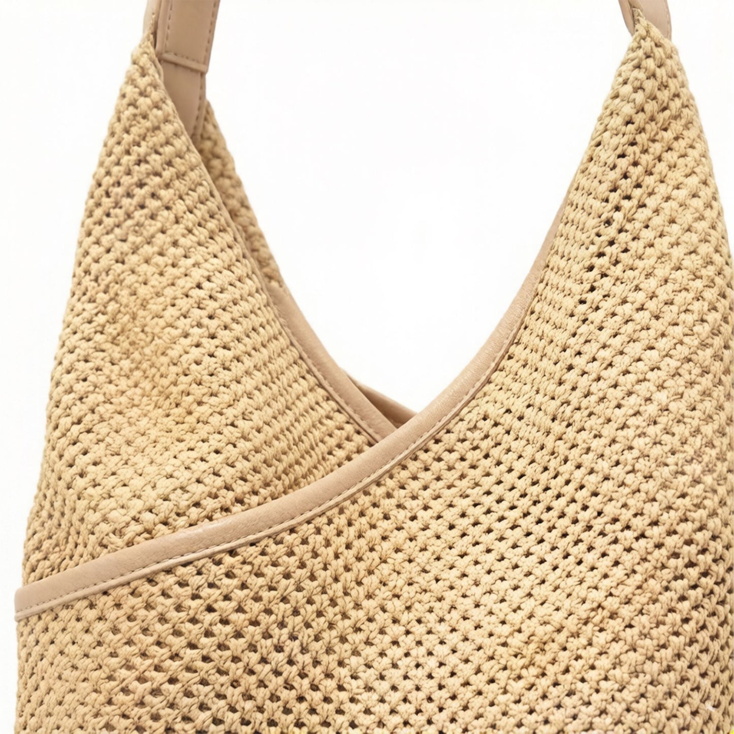 Woven Shoulder Hobo Bag with Faux Leather Trim Soft Knit Slouchy Handbag Casual Everyday Tote