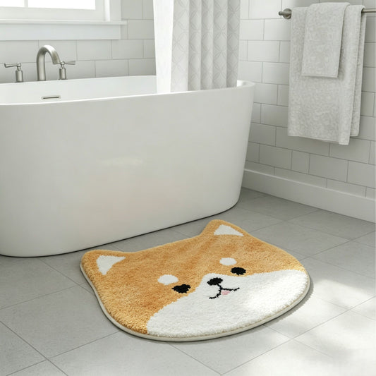 Cute Shiba Inu Head Shaped Bathroom Floor Mat Soft Water Absorbent with Anti-Slip Base