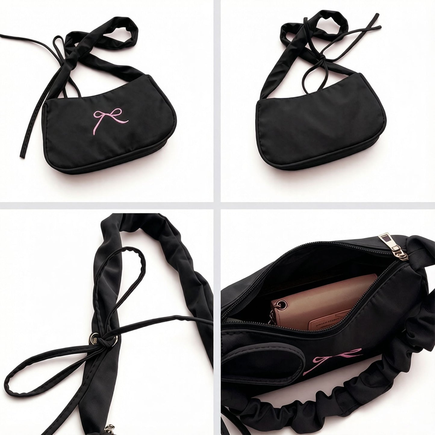Small Bow Embroidered Shoulder Bag with Ruched Strap and Zip Closure