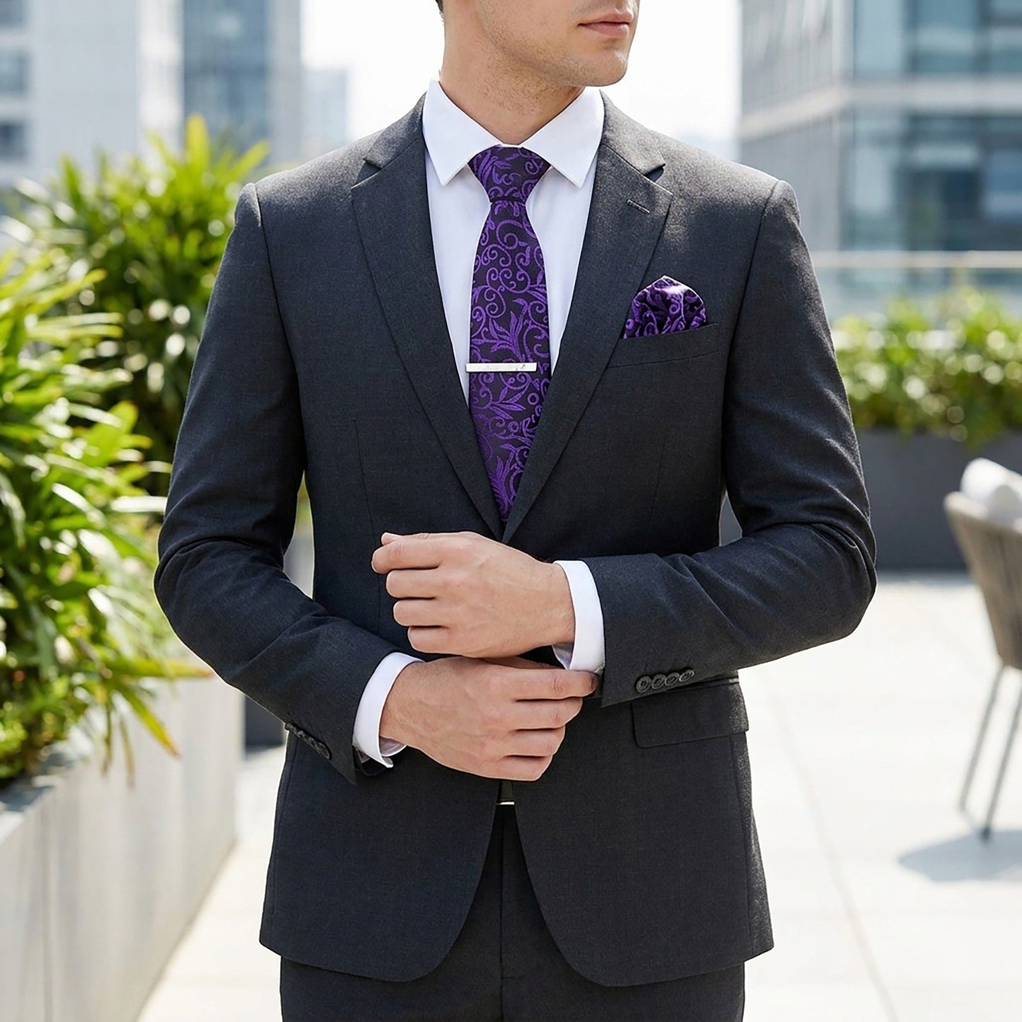 Men's Baroque Floral Tie Gift Set with Matching Pocket Square Cufflinks and Silver Tie Clip