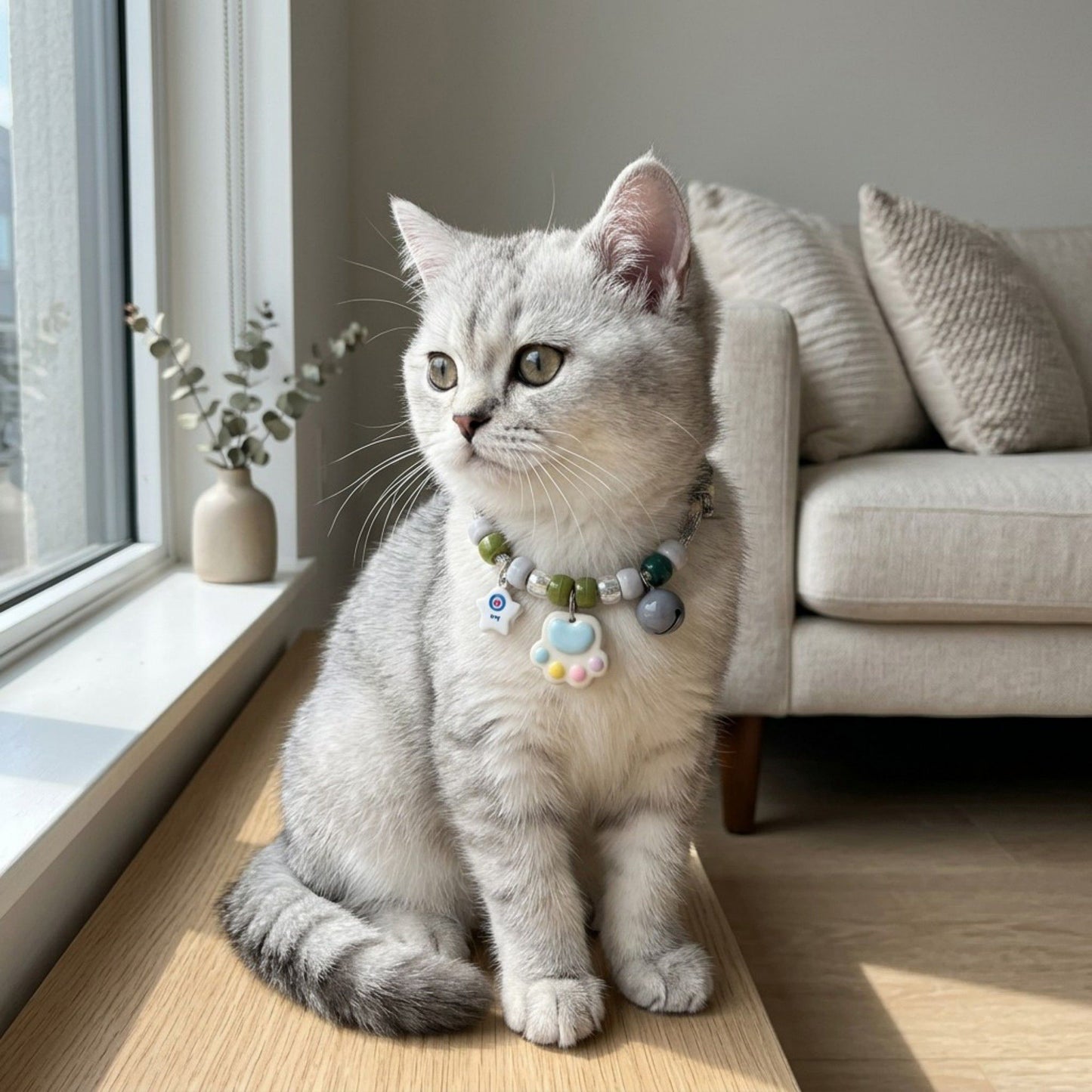 Adjustable Pet Collar with Bell Paw Charm Beaded Necklace Colorful Decorative Collar for Cats and Small Dogs