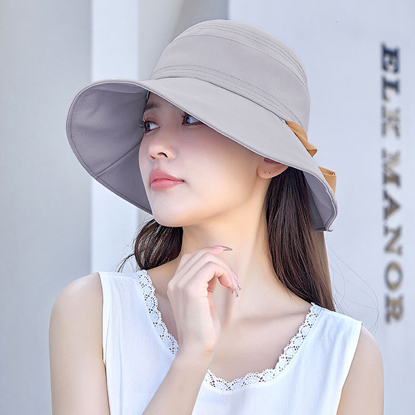 Foldable Wide - Brim Sun Hat with Bow Accent