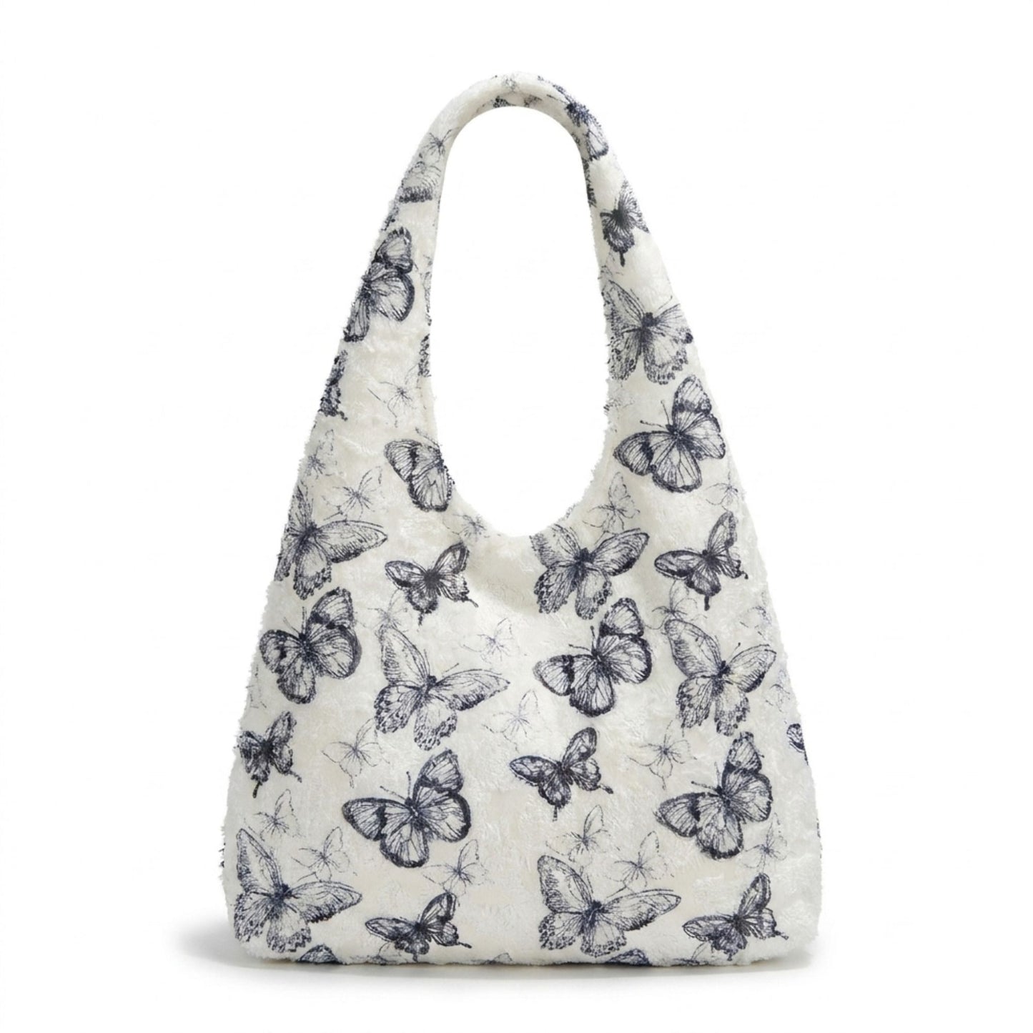 Butterfly Print Hobo Tote Bag with Lace Texture and Shoulder Handle