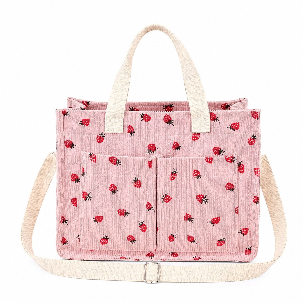 Canvas Strawberry Print Tote Bag with Shoulder Strap and Side Pockets