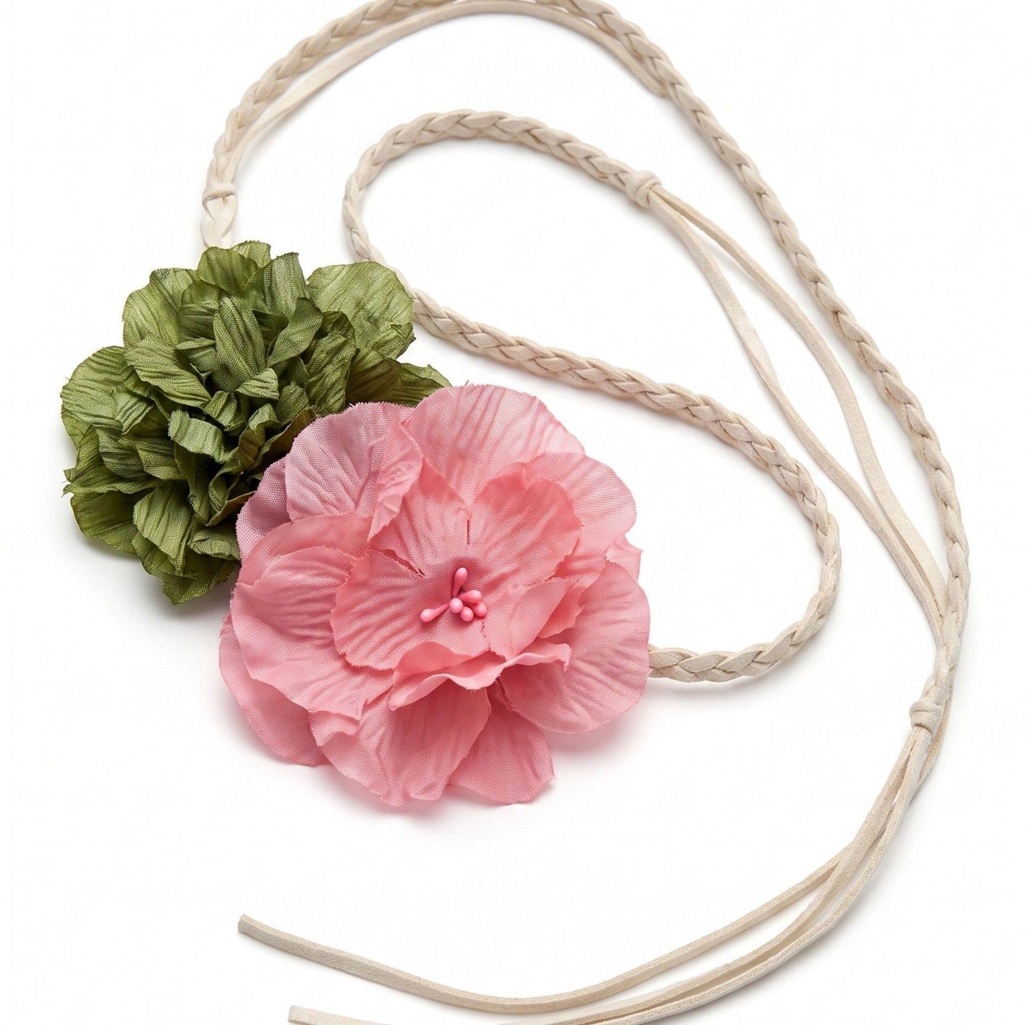Dual Fabric Flower Braided Wrap Waist Belt Adjustable Floral Statement Waist Jewelry 43.3in