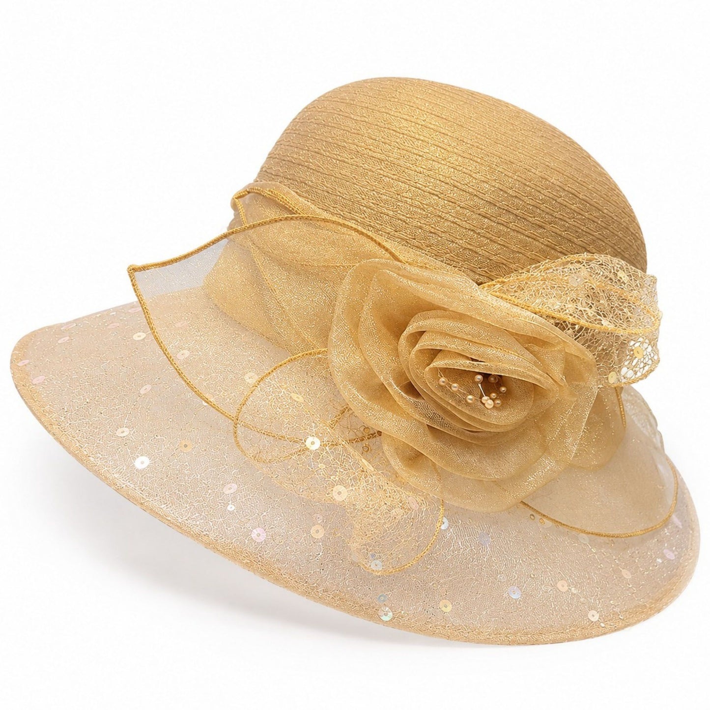 Wide Brim Floral Sun Hat with Sequin Mesh and Rose Accent