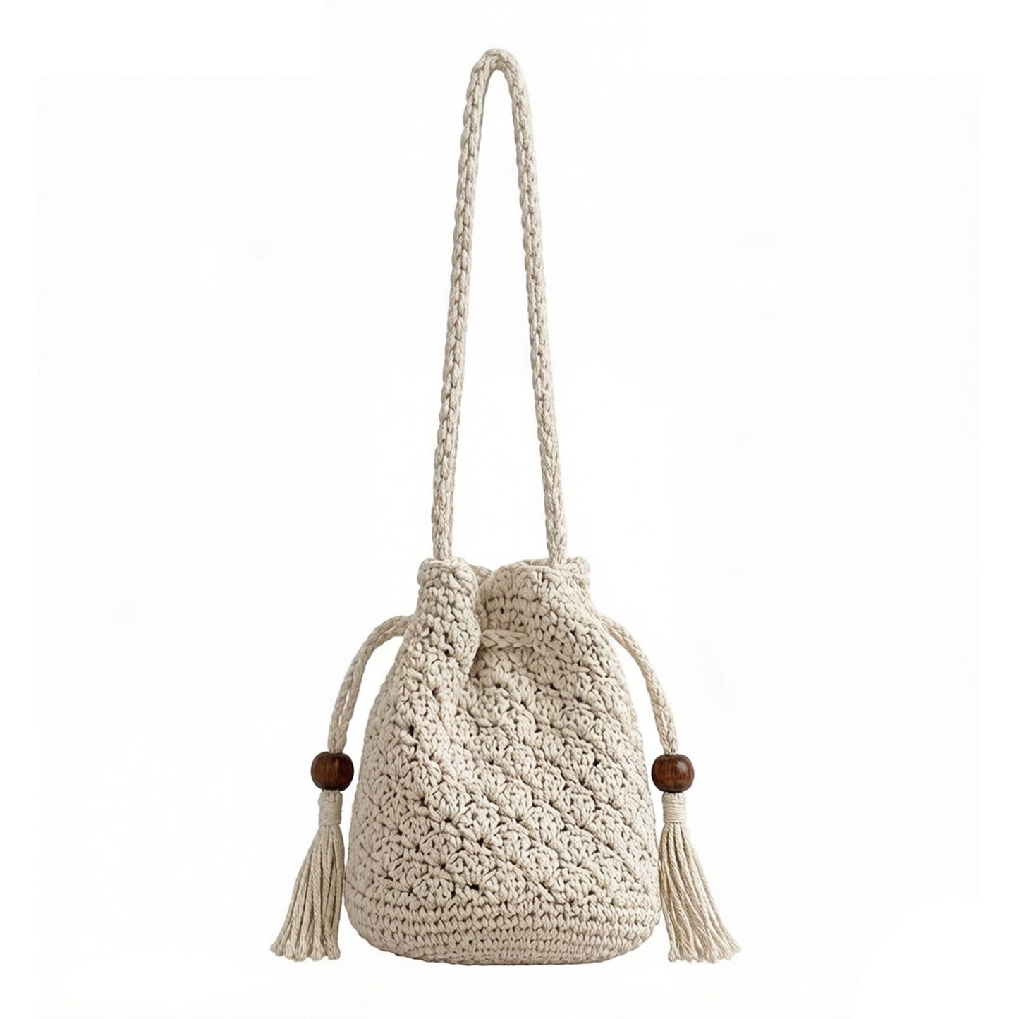 Crochet Bucket Bag with Drawstring Closure Tassel Detail Long Strap Knit Crossbody Handbag