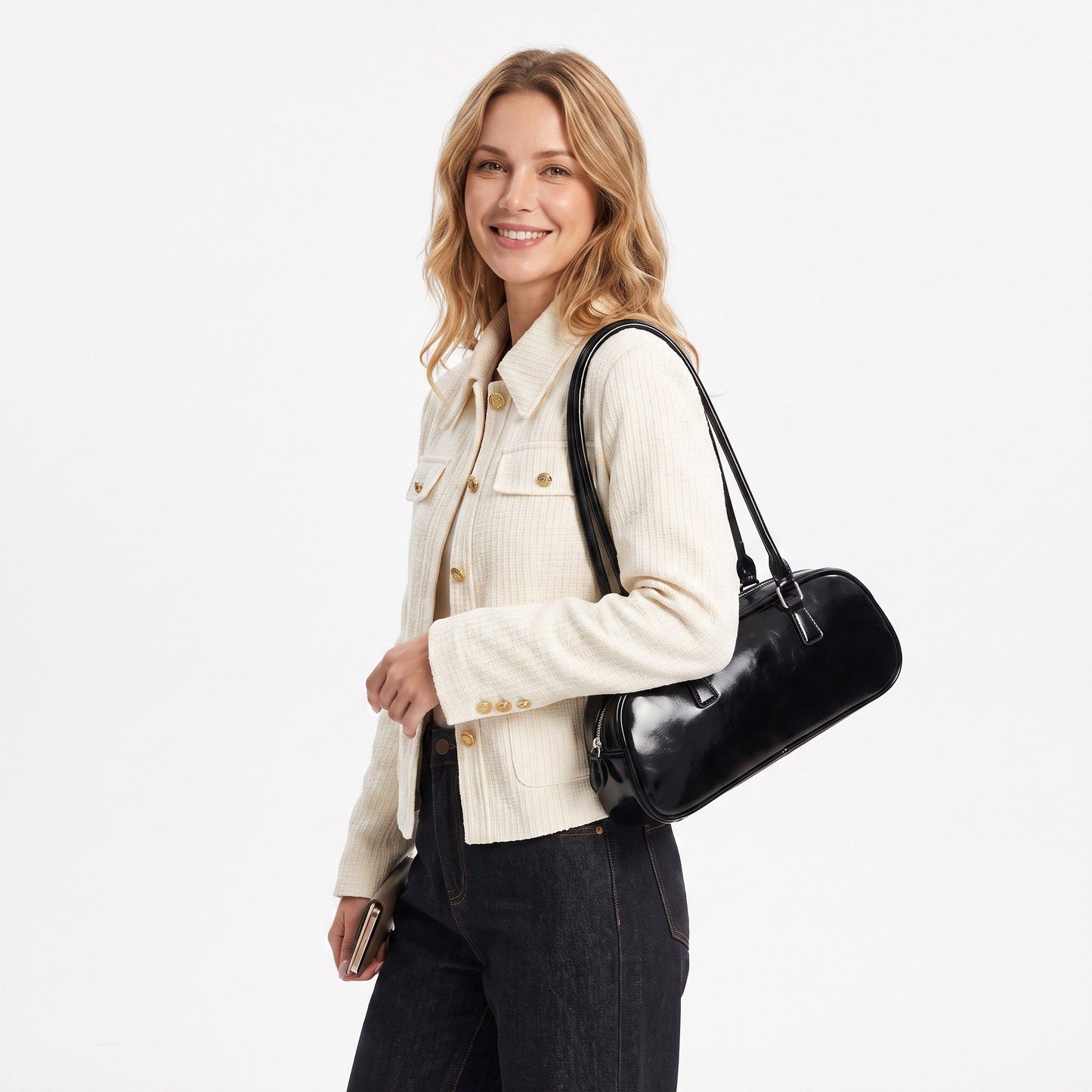 East West Faux Leather Bowler Shoulder Bag with Double Handles and Zip Closure