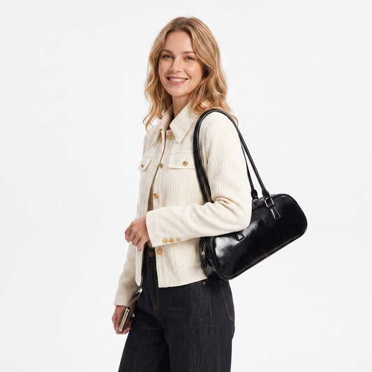 East West Faux Leather Bowler Shoulder Bag with Double Handles and Zip Closure