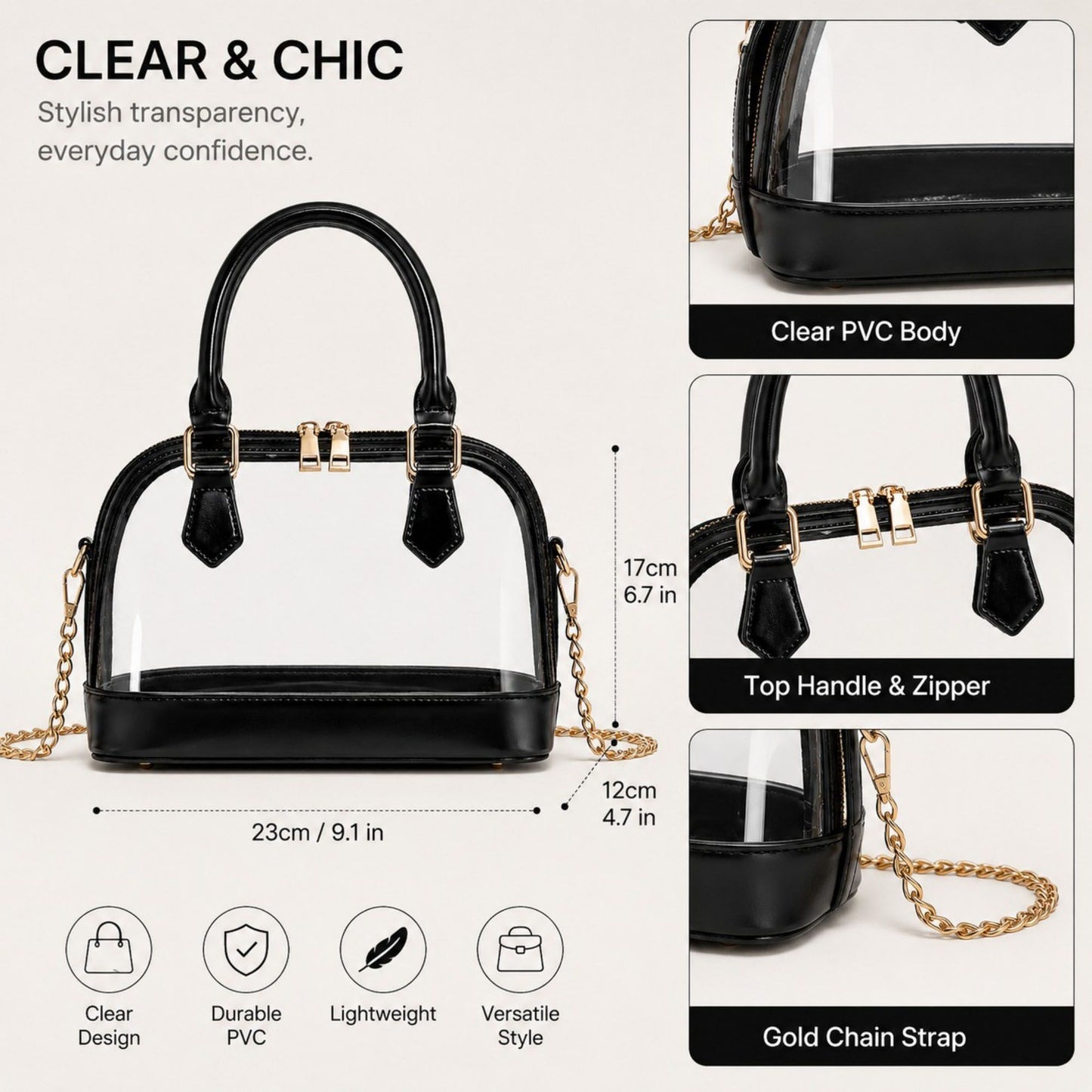 Clear PVC Mini Satchel Bag with Zipper Top and Detachable Chain Strap