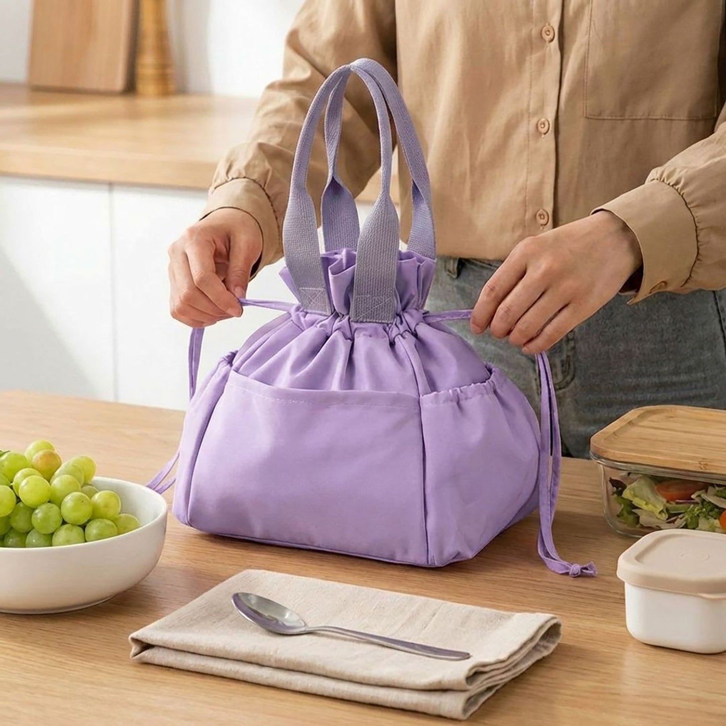 Reusable Lunch Bag with Drawstring Closure and Front Pocket Lightweight Thermal Food Tote