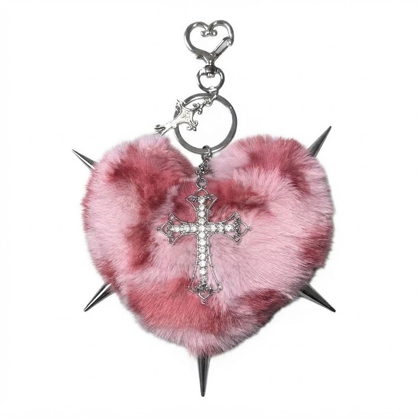 Punk Heart Faux Fur Keychain Rivet Cross Bag Charm Set