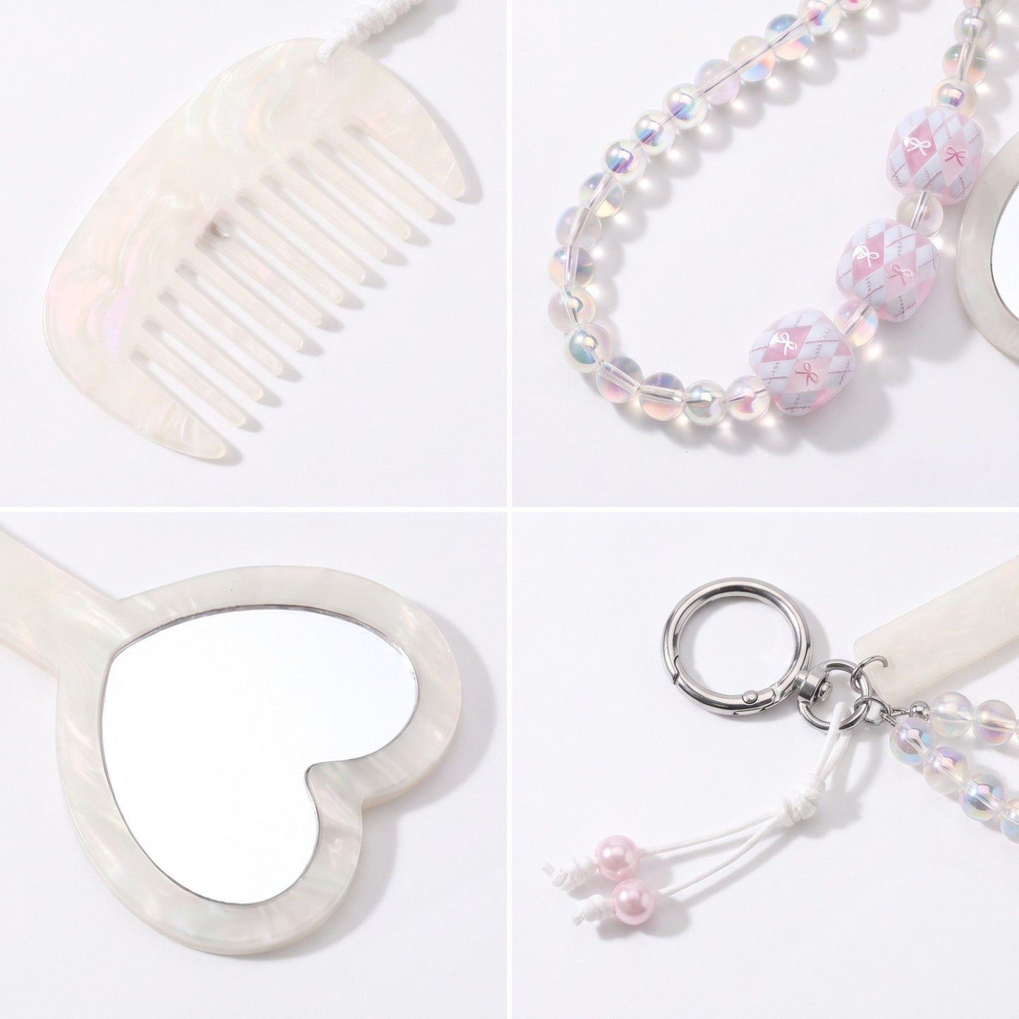Beaded Keychain Bag Charm with Heart Mirror and Mini Comb