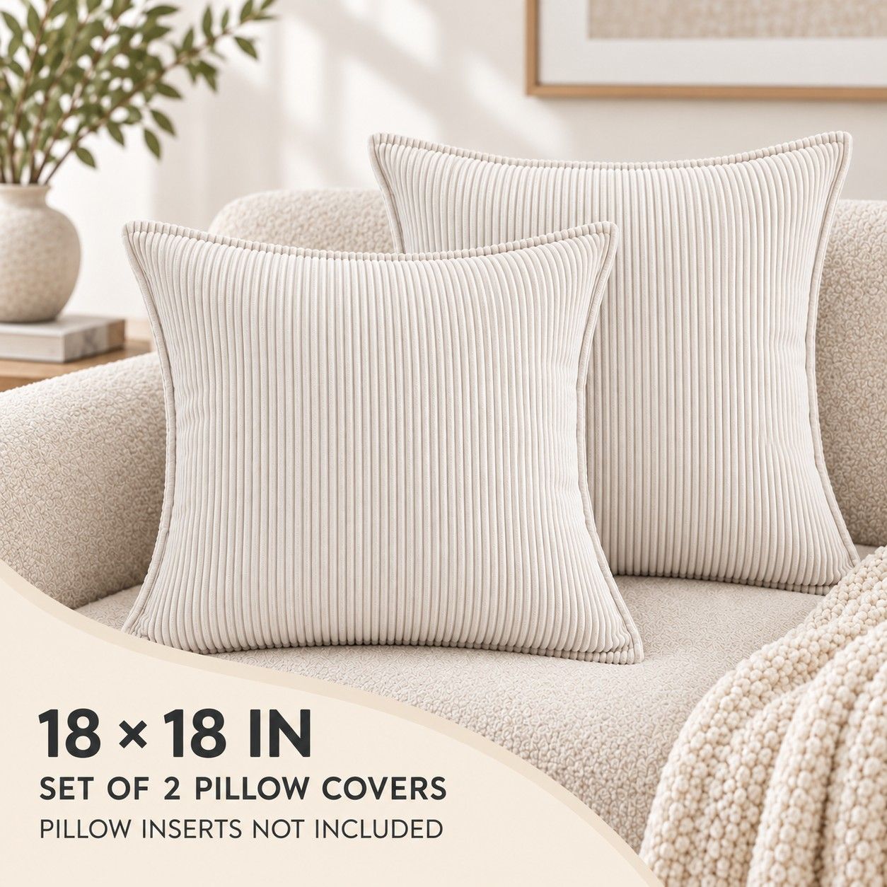 2 Pack Soft Ribbed Corduroy Throw Pillow Covers 18 x 18 Inch Solid Color