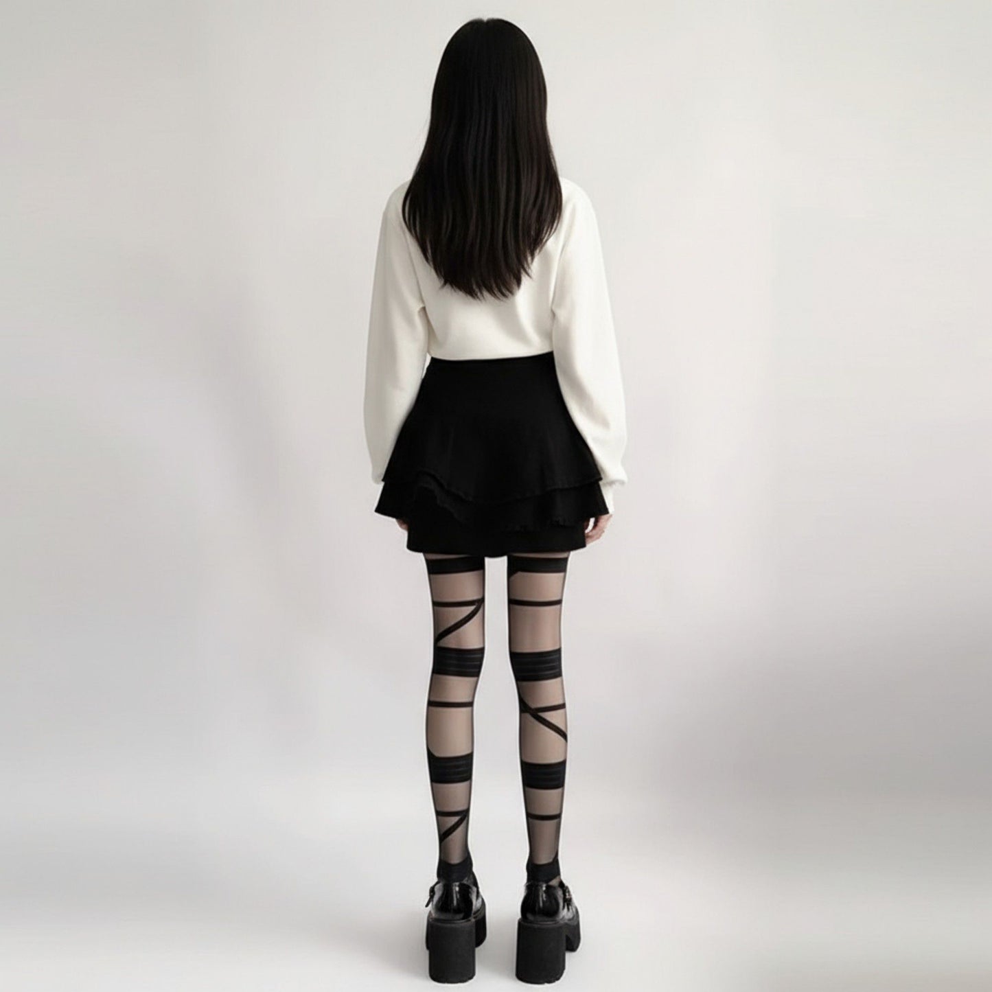 Sheer Tights with Wrapped Ribbon Illusion and Gothic Layered Design
