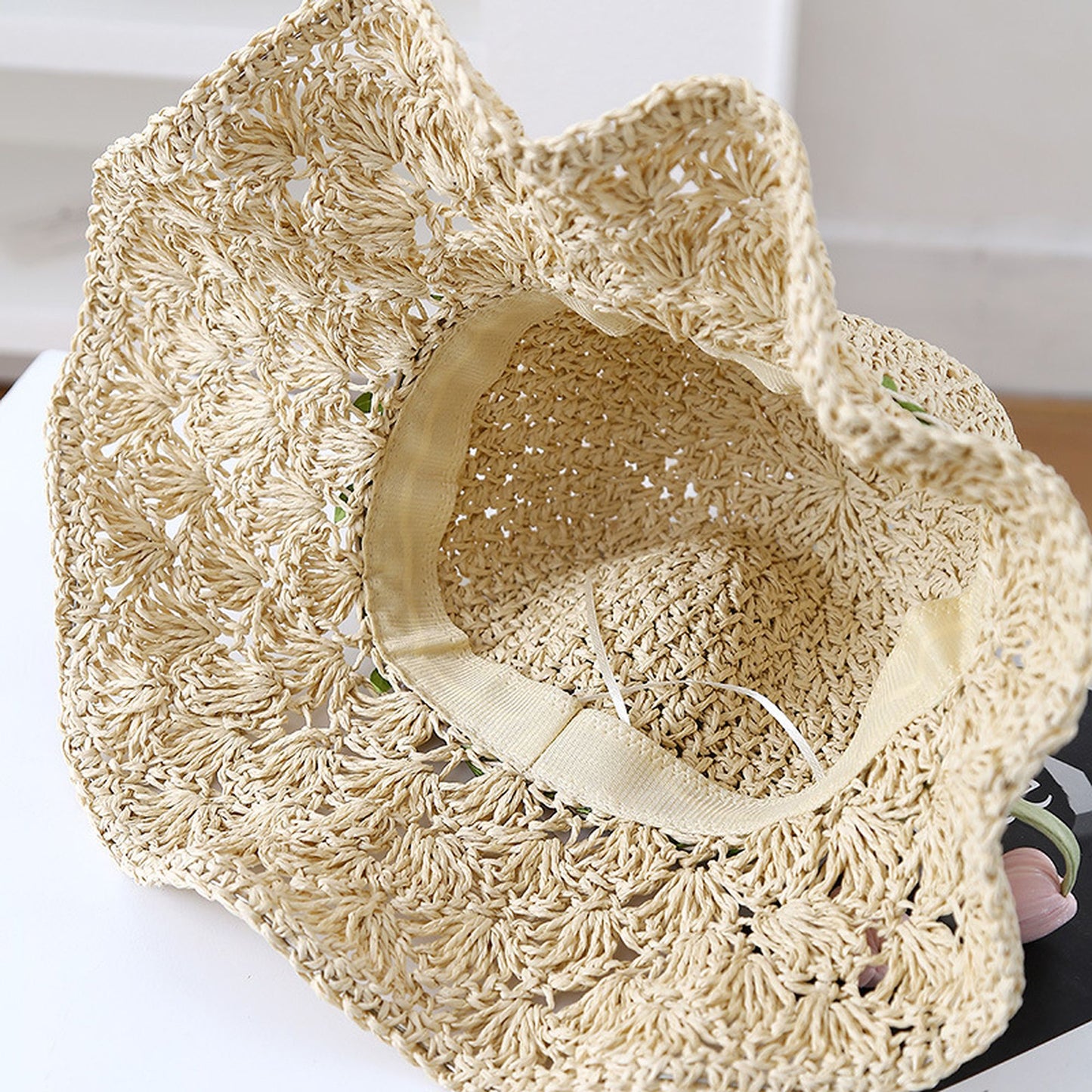 Hand - Crocheted Straw Sun Hat with Floral Accents